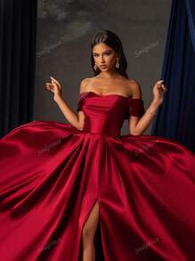 Vestido de noche largo, glamoroso y elegante de Smilprince con hombros descubiertos, cintura ceñida y bajo con abertura, advertencia: el busto es pequeño