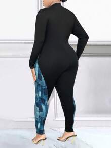 Maweii Plus Size Denim Effect Splicing Long Sleeve Skinny Jumpsuit - Multicolor - View 2