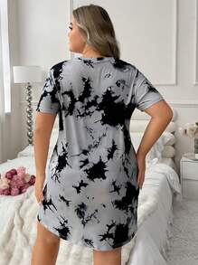 SHEIN Plus Size Heart Tie Dye Printed Pajama Night Dress - Black and White - View 2