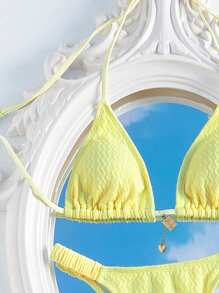 Swim Mod Solid Color Textured Halter Neck Bikini Set - Two-Piece , Summer Beach - Yellow - View 4