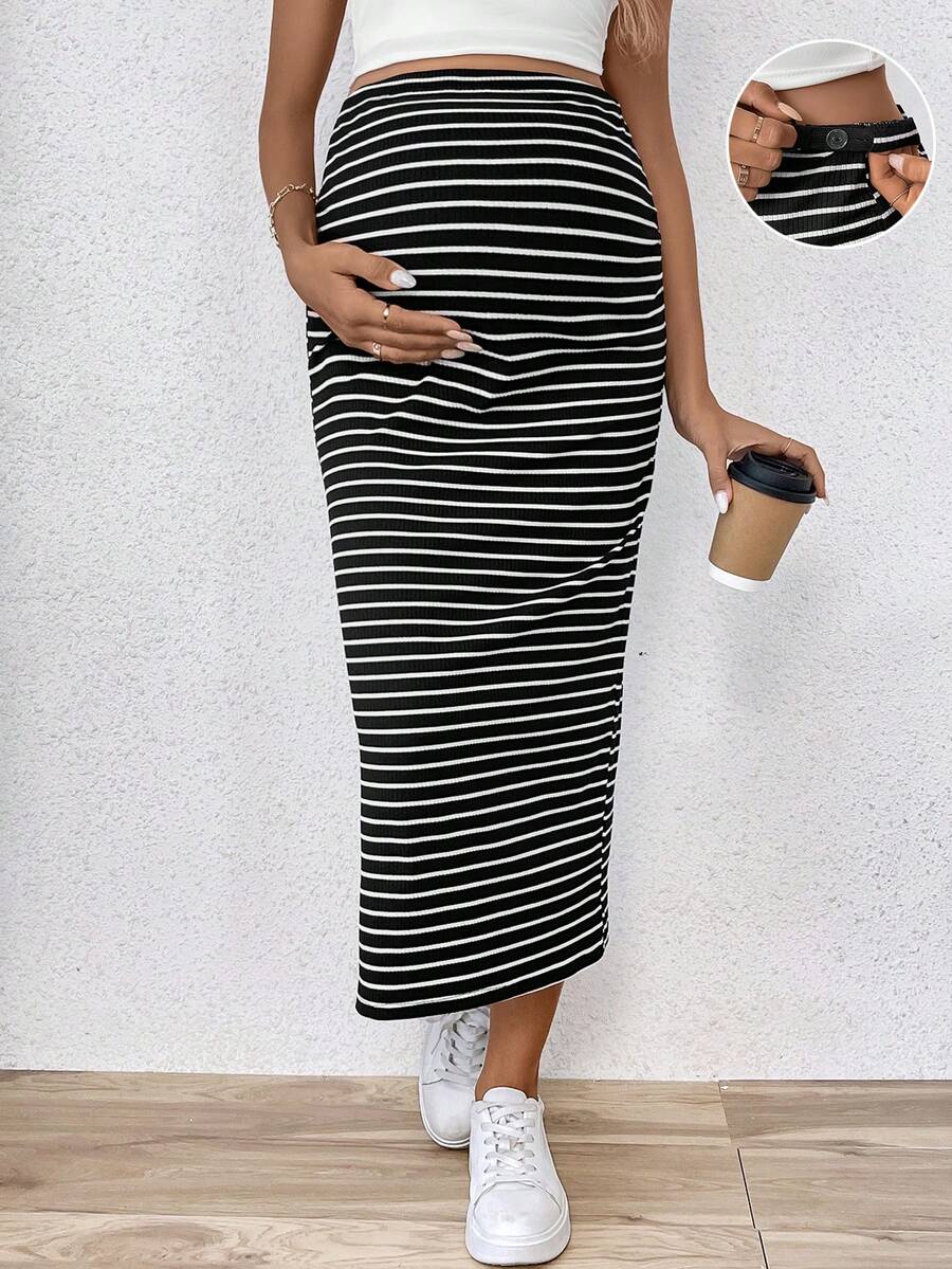 SHEIN Romantic Holiday Striped Maternity Skirt With Side Slit - Black - View 1