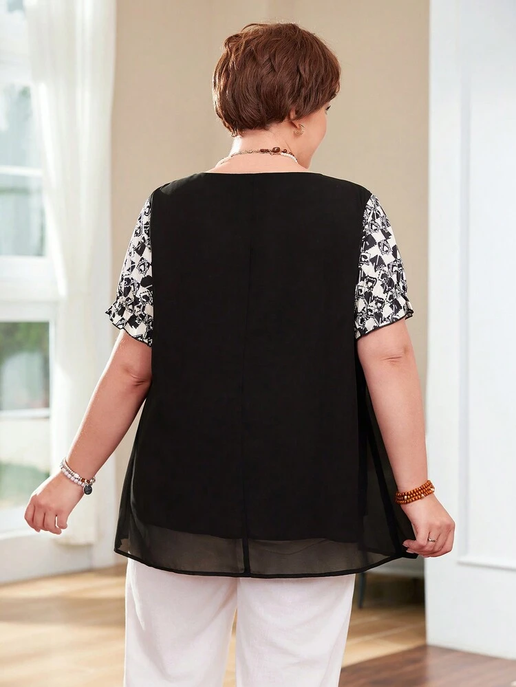 Plus Size Round Neck Colorblock Casual Short Sleeve Shirt For Spring And Summer