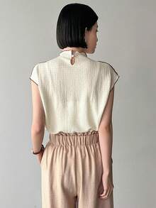 FRIFUL 女士夏季彩色拼接短袖t恤,捲邊設計 - 杏色 - 查看 5