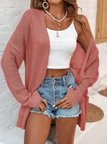 SHEIN LUNE Áo len cardigan dệt kim màu trơn có túi cho nữ, áo dài tay - Hồng - Xem 6