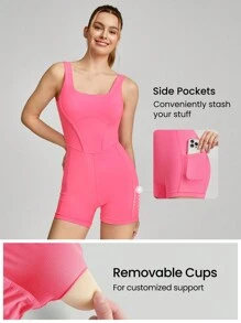 GLOWMODE 4.3英寸 FeatherFit™ 收腹侧袋连体衣 U型后背防滑口袋轻度支撑低冲击瑜伽馆健身房日常夏季 - 粉色 - 查看 4