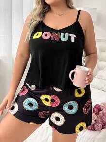 Plus Size Doughnut Pattern Printed Casual Tank Top And Shorts Pajama Set For Summer - Black - View 5