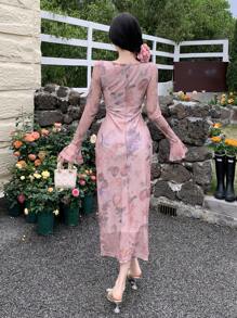 DAZY Đầm midi in hoa cổ buộc nơ phía trước phong cách ngày lễ mùa hè cho nữ Đầm dạ hội tay loe - Hồng - Xem 2