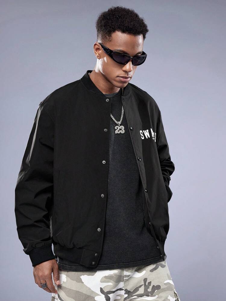 Men's Woven Baseball Collar Casual Jacket With Letter Print, For Fall Winter