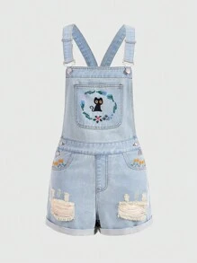 ROMWE Kawaii 女式卡通猫刺绣植物图案牛仔短裤，学校