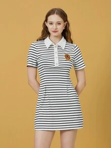 HARRY POTTER X SHEIN Huy hiệu Đã vá In sọc Placket nửa nút Đầm - Đen và trắng - Xem 7