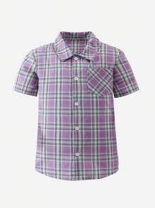 SHEIN Tween Girl Fashionable Plaid Short Sleeve Shirt, Summer - Purple - View 1