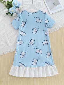 Tween Girl Floral Printed Patchwork Ruffle Hem Nightgown With One Piece Skirt For Summer - Blue and White - View 2