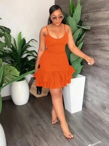 SHEIN Kích thước lớn Mùa hè Màu thuần Rỗng ra eo Xù Hoa Sen Dây đeo Mì Ý  Đầm - trái cam - Xem 4