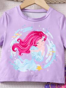 SHEIN Conjunto de top com estampa de sereia e saia de tule com estampa de escama para meninas jovens.
