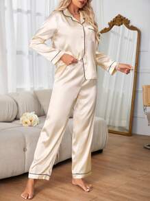 Women's Contrast Piping Pajama Set, Fall Winter Clothes - Champagne - View 6