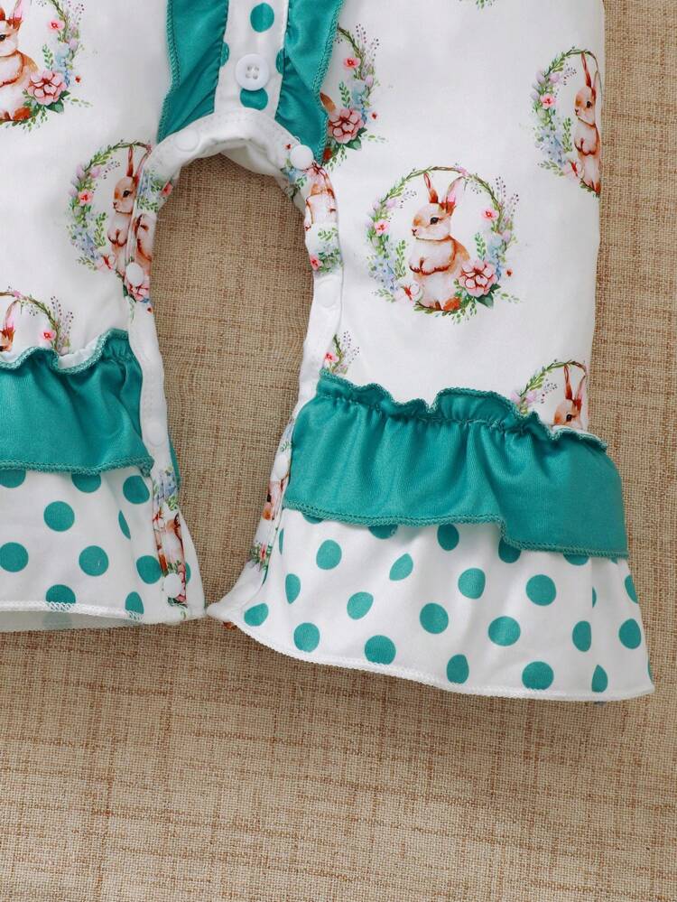 Baby Girl Summer Round Neck Cartoon Rabbit Printed Short Sleeve Jumpsuit With Ruffle Trim