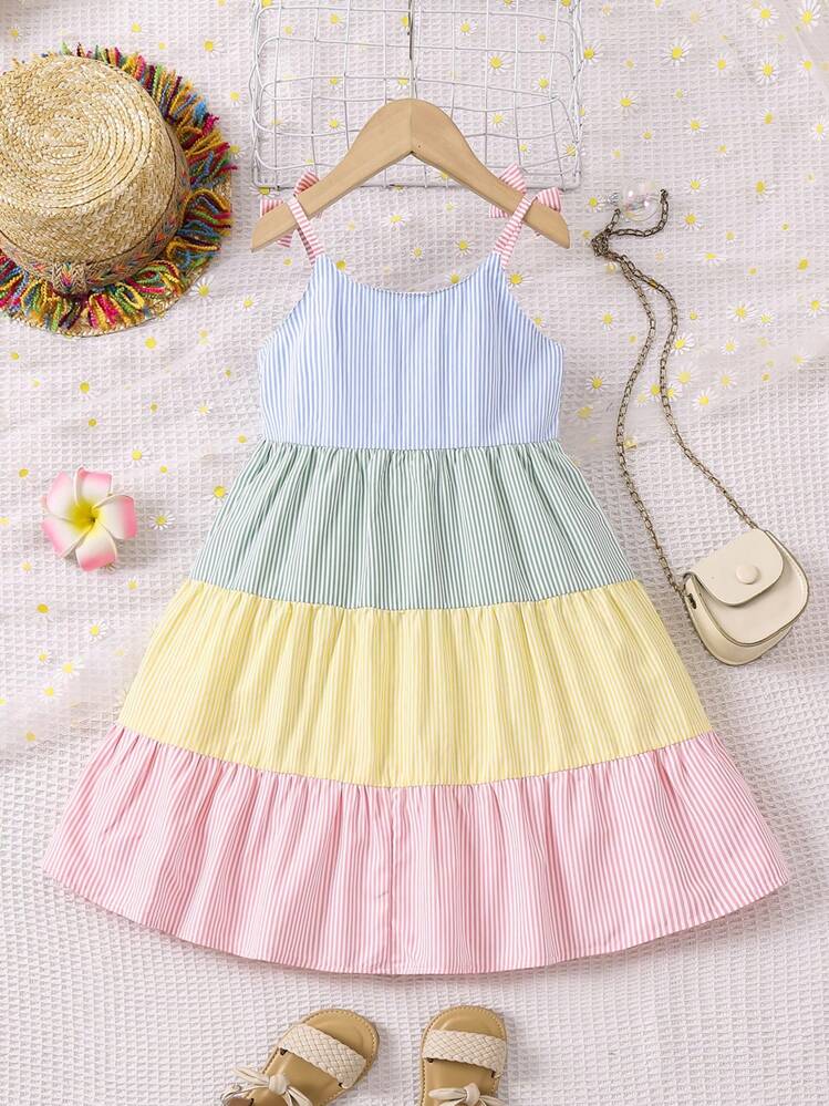 SHEIN Váy xếp lớp dây đeo spaghetti sọc màu thường ngày cho cô gái trẻ cho mùa hè - Nhiều màu - Xem 2