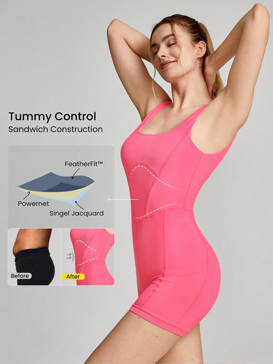 4.3" FeatherFit™ Tummy Control Side Pockets Romper Bodysuit U-Back Non-Slip Pocket Light Support Low Impact Yoga Pilates Studio Gym Daily Summer