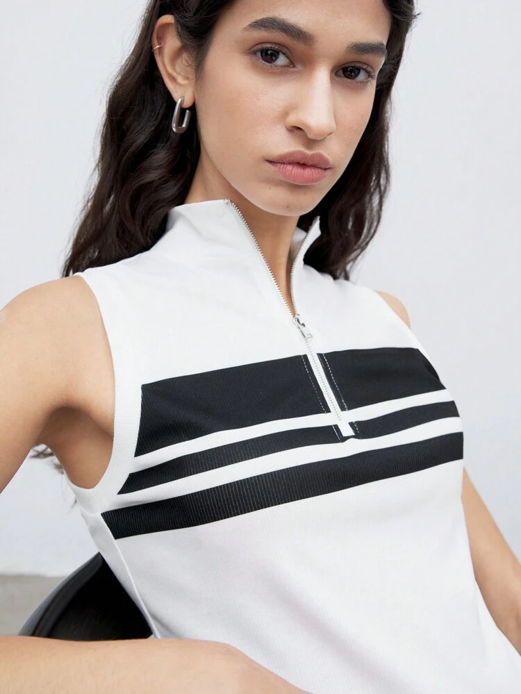 Summer Casual Color Block Half-Zip Sleeveless Tank Top With Slim Fit