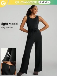 GLOWMODE SoftSerene Modal Open-Back Adjustable Drawstring Pocket Jumpsuit Daily Casual Lounge - Black - View 1