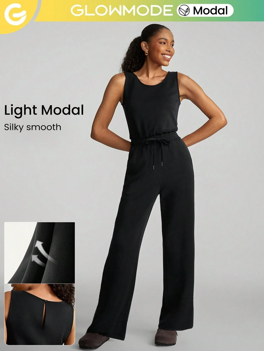 GLOWMODE SoftSerene Modal Open-Back Adjustable Drawstring Pocket Jumpsuit Daily Casual Lounge - Black - View 1