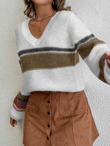 EURMUSE Color Block V Neck Drop Shoulder Sweater - Multicolor - View 5