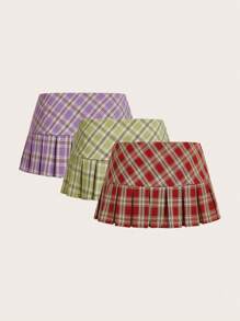 SHEIN ICON 格紋百褶迷你裙 - 彩色 - 查看 2