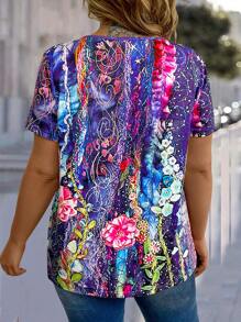 EMERY ROSE Plus Size Flower Printed Elegant Short Sleeve T-Shirt With Button Design Women Graphic Tee Top For Summer