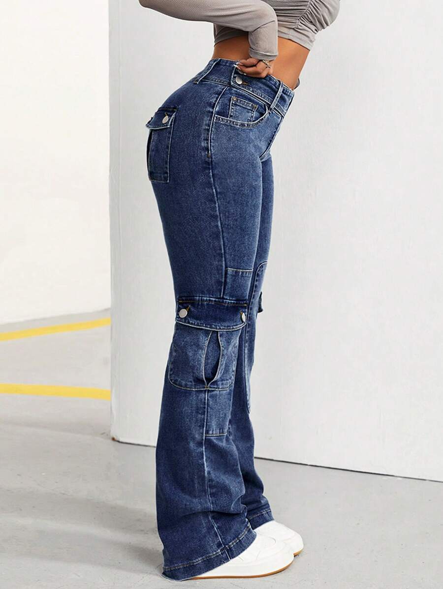 SHEIN ICON Jeans Acampanados De Carga Casuales Con Bolsillo De Solapa Para Verano - Azul lavado oscuro - Ver 1