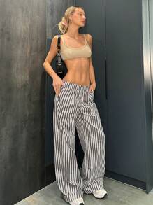 SHEIN EZwear Women's Low Waist Pinstripe Suit Pants With Side Pockets - Multicolor - View 4