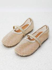 Golden Breathable Mesh Fabric With Random Rhinestone Texture And Elastic Straps, Round Toe Comfortable Flat Shoes For Girls' Daily Wear And Vacation
