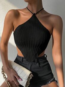 Chiquease Mouwloze gebreide top met textuur, casual dagelijkse kleding, asymmetrische zoom, spaghettibandjes, kort model, lente en zomer