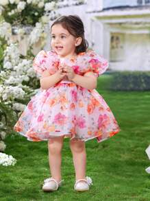 SHEIN Baby Girl Vacation Princess Sleeves Flower & Organza Printed Fluffy Dress - White - View 6