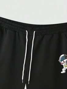 Manfinity Homme 男士加大碼夏季休閒宇航員印花短袖t恤和束口短褲 - 黑色 - 查看 5