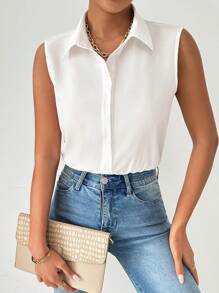 Chiquease Của phụ nữ Mùa hè Màu thuần Không tay Áo sơ mi Bodysuit - trắng - Xem 3