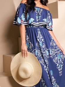 Seusyu Women's Ruffled Off Shoulder Floral Butterfly Print Arabian Dress - Blue - View 10