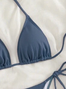 SHEIN Swim Bộ bikini hai mảnh đi biển mùa hè màu trơn - Màu xanh bụi bặm - Xem 3