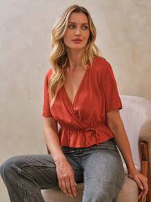 SHEIN 女士短袖襯衫,有褶邊和前蝴蝶結 - 紅木色 - 查看 4