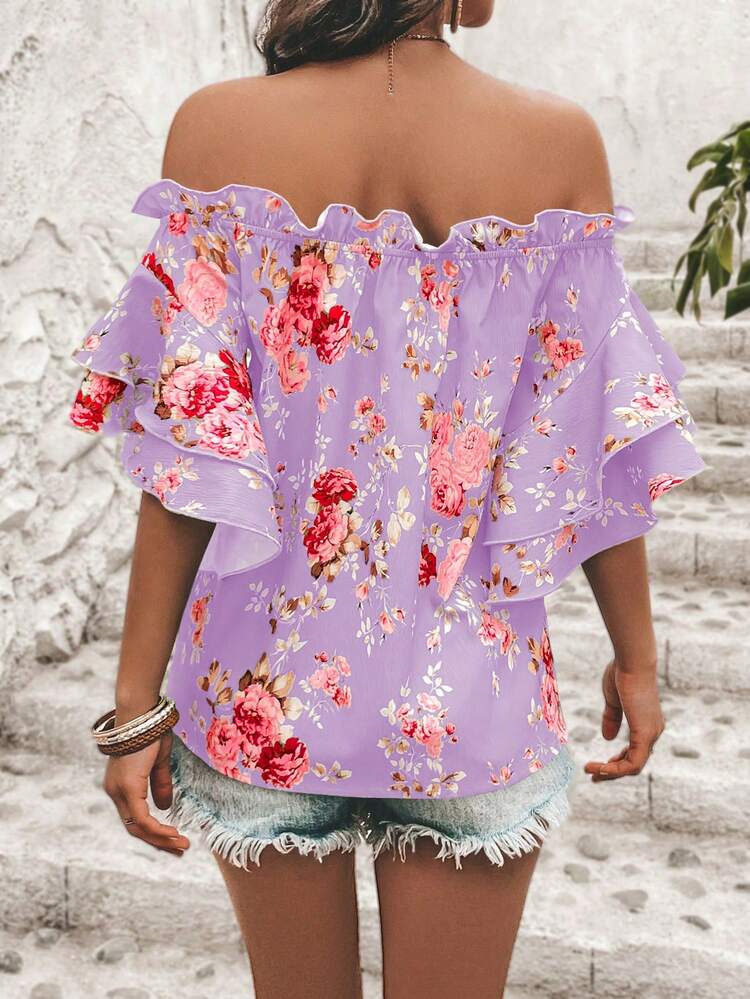 Floral Printed Off Shoulder Summer Holiday Casual Blouse