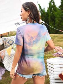 SHEIN Essnce 女士夏季日落漸層染色圓領短袖休閒t恤衫 - 彩色 - 查看 2