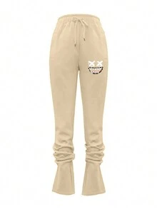 INAWLY Quần thể thao có dây rút in hình hoạt hình cho nữ Túi xéo thể thao & quần thể thao thông thường - Màu be - Xem 4