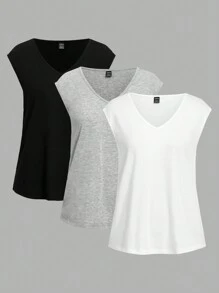 SHEIN LUNE 3入組簡約休閒V領背心，適用於夏季 - 彩色 - 查看 2