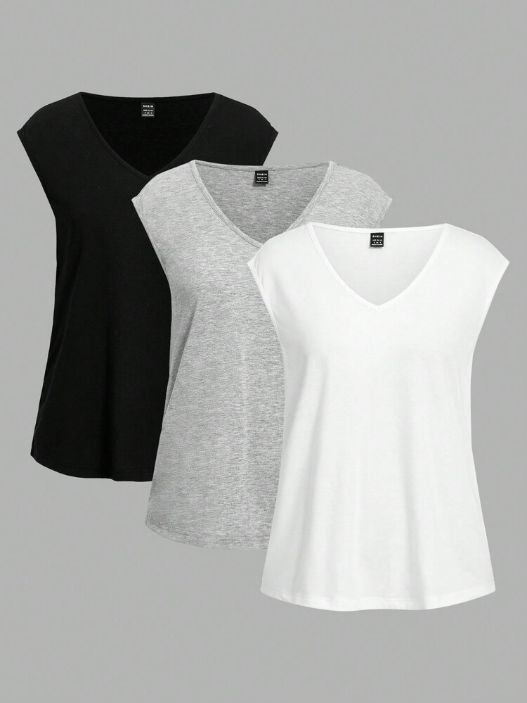 SHEIN LUNE 3 chiếc áo ba lỗ cổ chữ V đơn giản và giản dị, thích hợp cho mùa hè - Nhiều màu - Xem 2