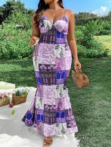 Flirla Plus Size Nữ Vintage & Thanh Lịch In Hoa Hở Lưng Spaghetti Dây Nàng Tiên Cá Viền Kỳ Nghỉ Hè Đầm - Màu tím - Xem 4