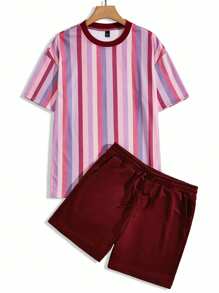 Manfinity Hypemode 男士圓領短袖條紋t卹和束腰短褲套裝 - 彩色 - 查看 1