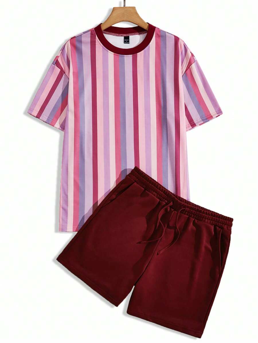 Manfinity Hypemode 男士圓領短袖條紋t卹和束腰短褲套裝 - 彩色 - 查看 1