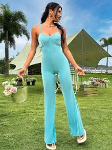 SHEIN Unity Của phụ nữ Màu thuần Dây đeo Áo liền quần ngắn - Màu xanh lam - Xem 5