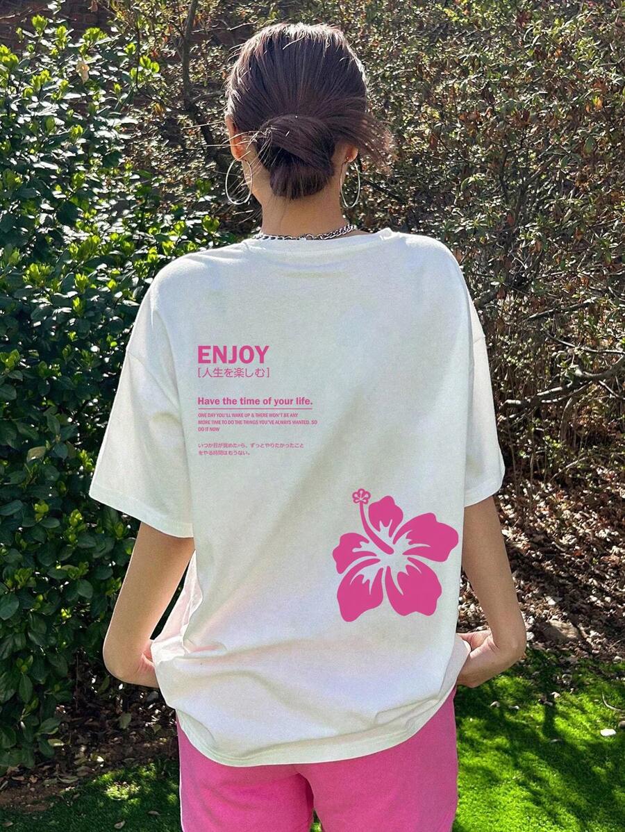INAWLY 女士夏季宽松圆领落肩花朵和口号印花 T 恤享受人生美好时光 - 白色 - 查看 1