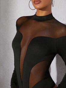 Hauture Bodysuit mit Stehkragen, transparentem Meshpanel und langen Ärmeln