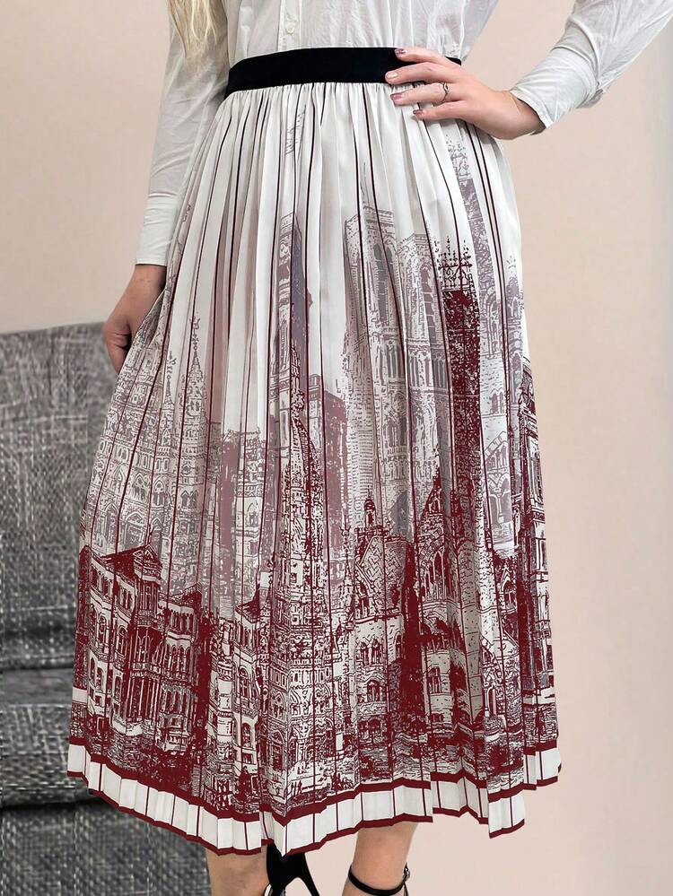 Plus Size Women's Architecture Printed Pleated Skirt Fall Cloth For Women